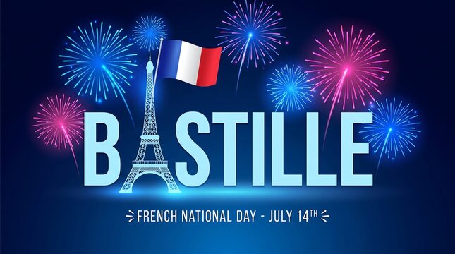 Bastille day celebration with eiffel tower and french flag fireworks display