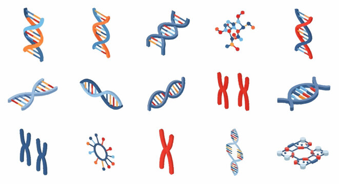 Colorful DNA and chromosome icons for scientific illustration.