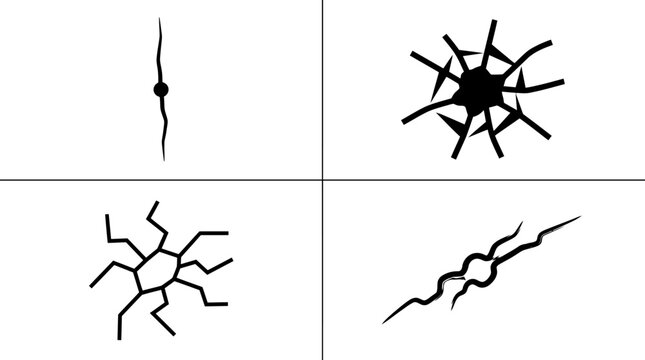Set of abstract cracked and shattered glass vector icons.
