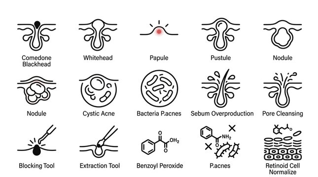 Set of acne and skincare treatment line icons for dermatology.