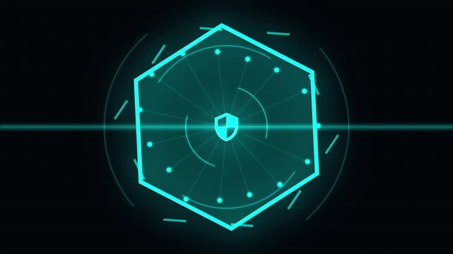 Futuristic digital shield interface with glowing hexagon and security emblem.