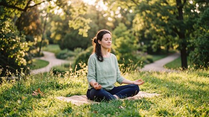Fototapeta premium Young peaceful woman meditating in lotus position on grass in a park at sunset