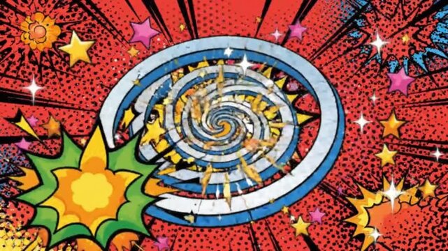 Explosion comic book style with stars and bursts of energy.