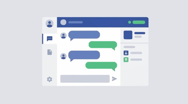 Minimalist flat design illustration of a modern AI chatbot dashboard interface featuring speech bubbles and user icons for online communication.