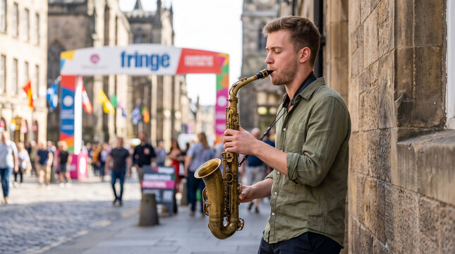 Young man playing saxophone on a historic street during the Festival.