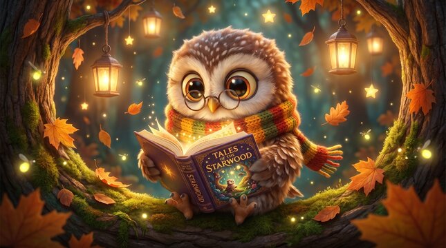 An adorable baby owl reading a glowing magical book inside an enchanted forest filled with warm lights and magical atmosphere. Perfect for fantasy stories, children's books, educational illustrations.