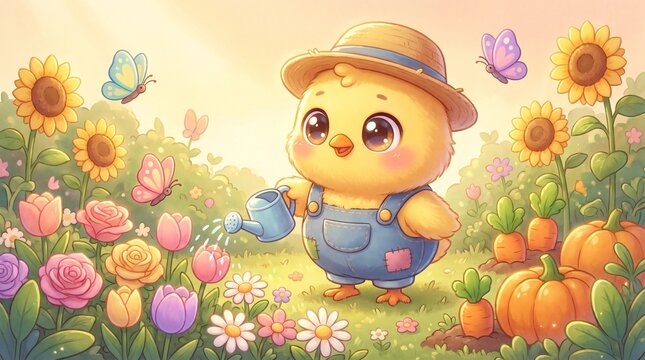 A lovable baby chick standing among colorful spring flowers with butterflies and warm sunshine. Perfect for nursery art, children's books, educational materials, greeting cards, and seasonal creative 