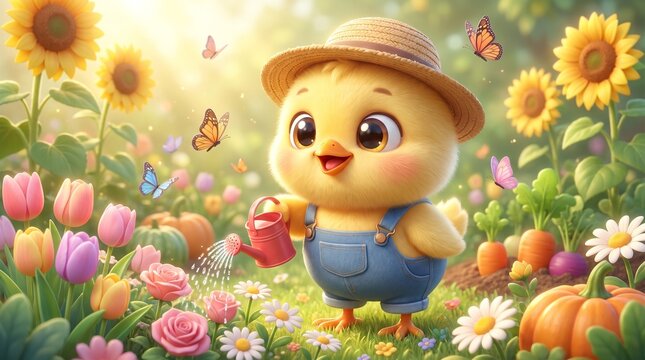 An adorable baby chick wearing overalls and a straw hat while watering colorful flowers in a beautiful spring garden. Charming illustration suitable for children's books, educational resources