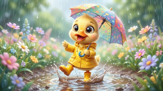 Cute baby duck enjoying a rainy spring day with a colorful umbrella surrounded by blooming flowers. High-quality whimsical illustration ideal for children's publications, educational content.