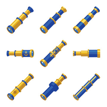 Collection of pixel art spyglasses, golden and blue telescopes with nautical symbols, vintage navigation tools for adventure games