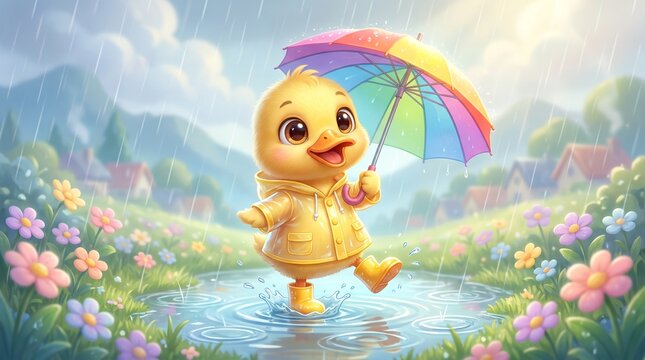 An adorable baby duck wearing a yellow raincoat and holding a colorful rainbow umbrella while happily walking through puddles in a blooming spring garden. Whimsical cartoon illustration perfect