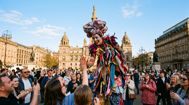 Women wearing colorful circus outfits on stilts give high-fives in the street at the festival 
