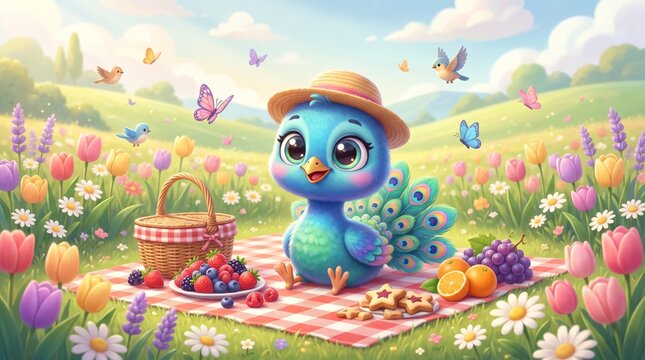 A charming baby peacock wearing a straw hat while enjoying a picnic in a colorful flower meadow filled with butterflies and sunshine. High-quality whimsical artwork suitable for children's products