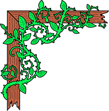 Halloween Wooden Post With Green Vines Corner Border Illustration
