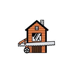 Fototapeta premium Sawmill vector icon of a wooden house and a large hand saw