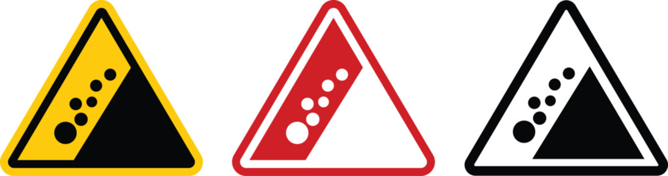 Falling rocks hazard warning triangle signs. Landslide and rockfall danger alert symbols in yellow, red, and black. Perfect for mountain road safety and construction concepts.