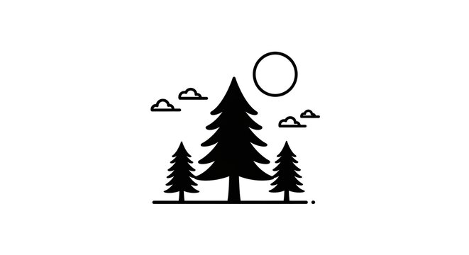 Minimalist forest landscape with pine trees and sun.