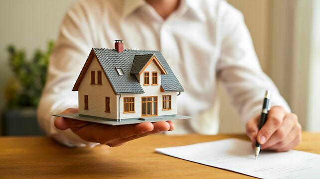 Person holding miniature house while signing real estate property agreement