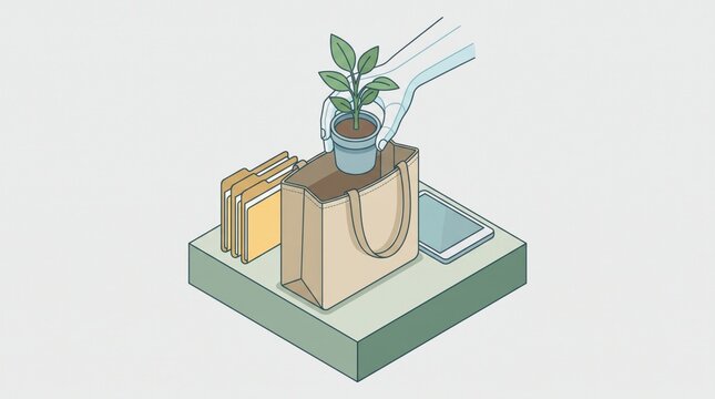 Tech Layoffs Impact concept. A hand places a potted plant inside a paper shopping bag with books nearby.