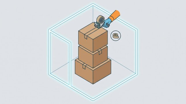 Tech Layoffs Impact concept. Boxes stacked in a transparent cube being sealed with tape by a robotic arm
