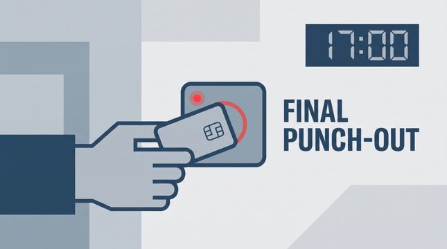 Tech Layoffs Impact concept. Hand holding a card near a reader with "Final Punch-Out" and digital clock.