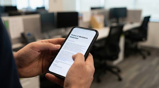 Tech Layoffs Impact concept. Person reading text on smartphone in office workspace environment