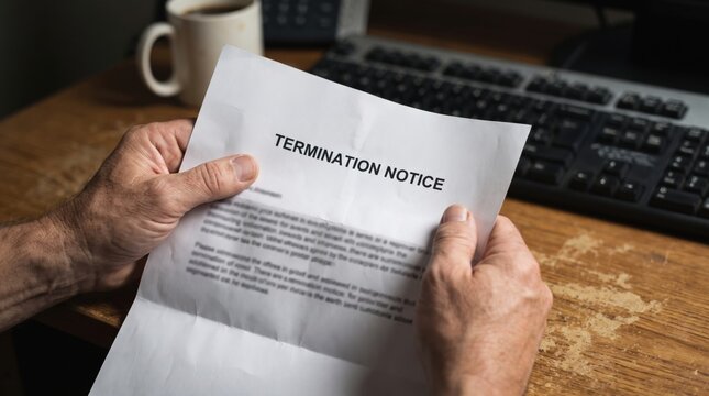 Tech Layoffs Impact concept. Person holding a termination notice letter at a desk with a keyboard and mug
