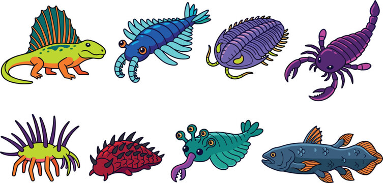 Prehistoric Marine Creature Vector Icon Set Featuring Dimetrodon, Anomalocaris, Trilobite, Sea Scorpion, and Coelacanth for Educational Designs