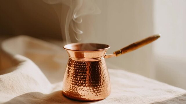Steam rising from traditional copper cezve on linen cloth, Turkish coffee culture slow background loop
