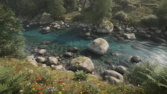 turquoise river rocks with lush greenery in forest setting