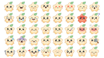 Fototapeta premium Cute Star Character Emoticons Set Featuring Various Facial Expressions and Emotional Reactions