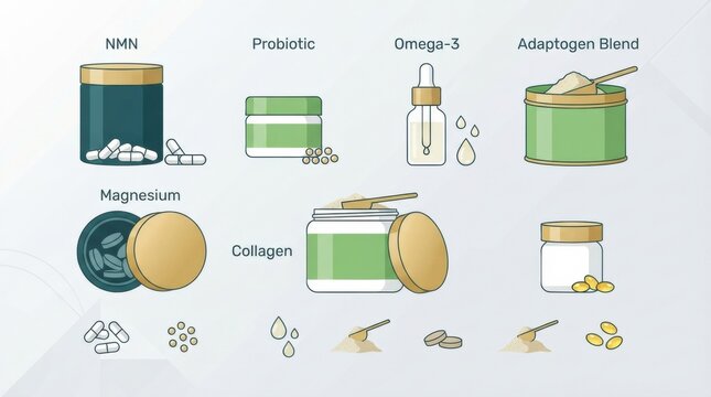 Different types of supplements for healthy aging and wellness are displayed on a flat surface, emphasizing biohacking and healthspan.