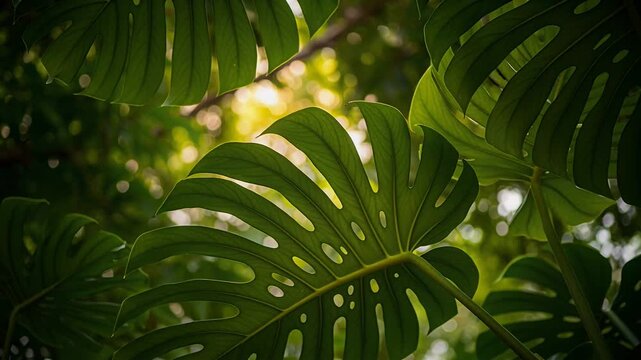 monstera leaves backlit by sun in tropical forest canopy