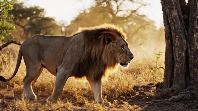 a lion walking in the forest