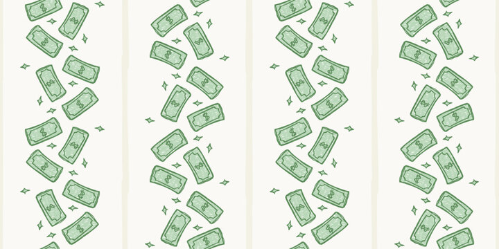 Seamless pattern of vertical running hand drawn filled green money dollar banknote stripes
