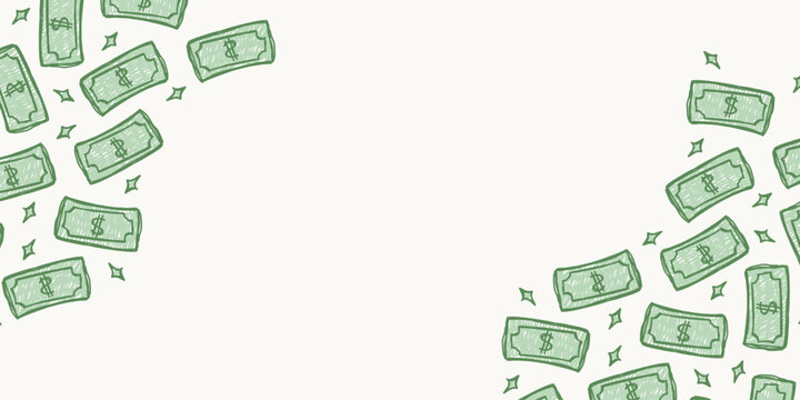 Horizontal presentation banner backdrop template with filled green money bill corner decorations
