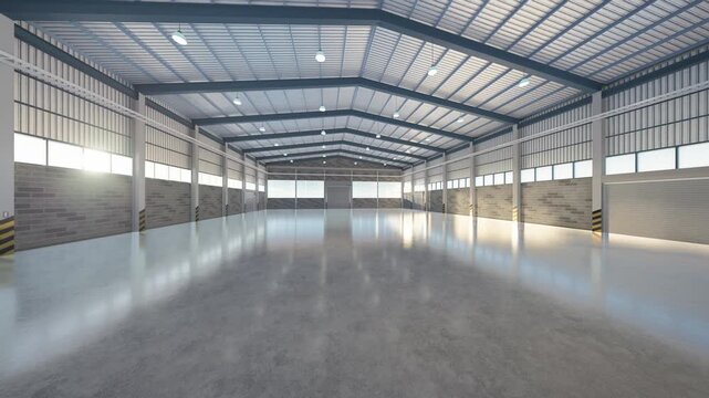 3D empty industrial warehouse interior with slow cinematic camera rotate. Represent distribution center, manufacturing plant, storage facility, industrial real estate and product display background.