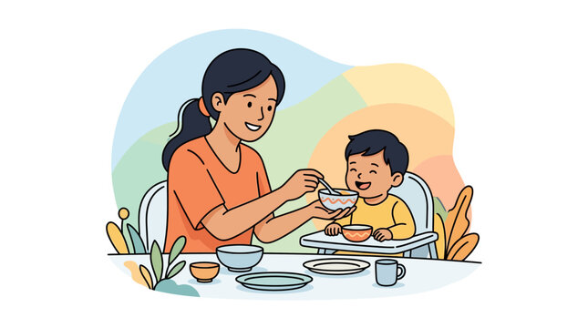 Vector illustration of a young Indonesian mother spoon-feeding her toddler son sitting in a high chair at a dining table with bowls and plates against a colorful abstract background.