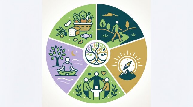 A graphic shows five elements of a healthy lifestyle promoting longevity.