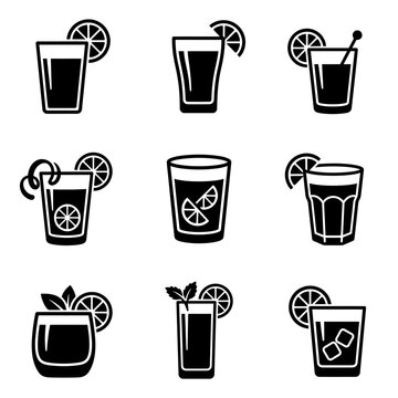 Black and white cocktail icons set.