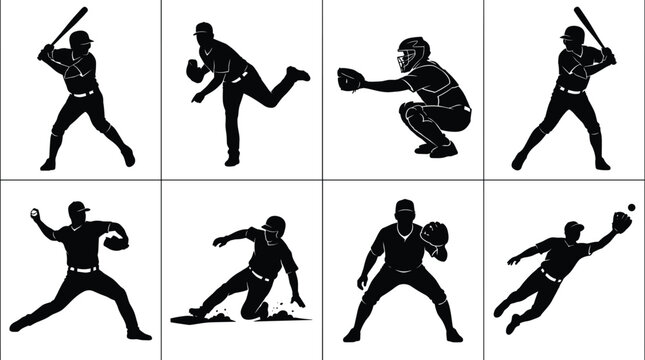 Baseball players black silhouettes set featuring batter pitcher catcher infielder sliding runner and diving outfielder positions vector illustration