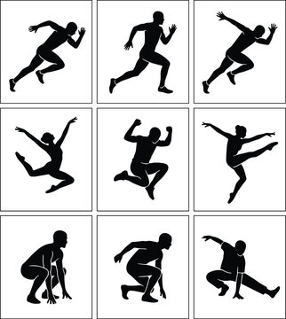 Athletic runners dancers and gymnasts black silhouettes icons collection set showing dynamic action movement poses vector illustration