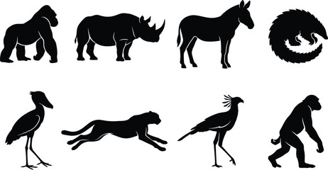 Collection of eight black wild animal silhouettes featuring gorilla, rhinoceros, zebra, pangolin, shoebill, cheetah, secretarybird, and monkey © Rokon
