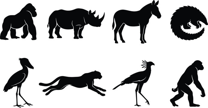Collection of eight black wild animal silhouettes featuring gorilla, rhinoceros, zebra, pangolin, shoebill, cheetah, secretarybird, and monkey