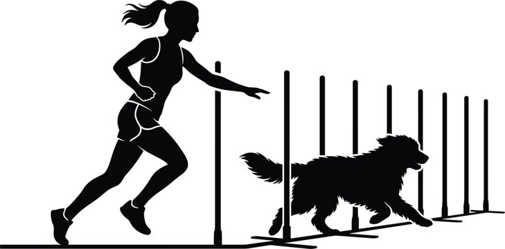 Dog agility training silhouette showing female handler running with active canine weaving through poles isolated vector illustration
