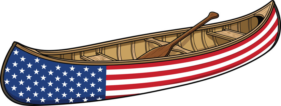 Patriotic wooden canoe boat painted with american flag stars and stripes pattern including wood paddle vector illustration