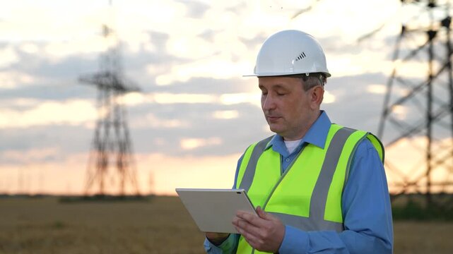 Field engineer monitoring power lines, Energy expert with technology, Maintenance check in energy sector, Power sector innovation with tablets, Worker overseeing high voltage cables, Digital solutions