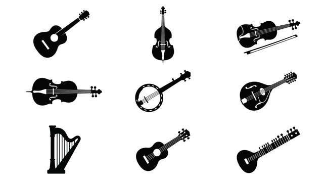 Stringed musical instruments black silhouette collection
