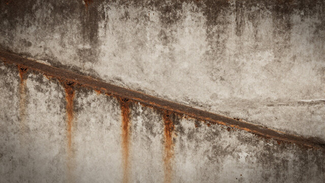 Abstract sepia toned texture of weathered concrete wall with dramatic orange rust stains and water streaks