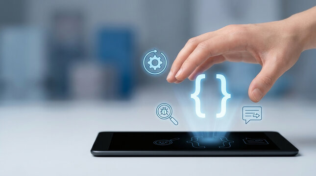 Innovative Mobile Software Engineering Technology Featuring a Hand Over a Smartphone with Glowing Virtual Icons for Coding Debugging and System Update